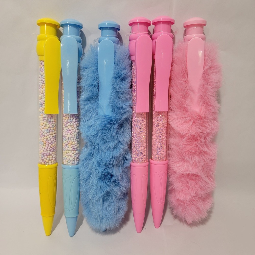 6pc Novelty Jumbo Pen Set Fuzzy Glitter Foam Bead Retractable Stationery Multi